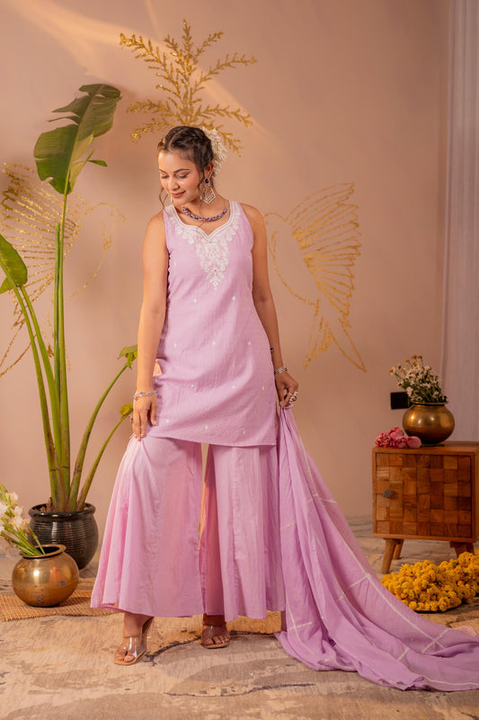 Lavender Embroidered Cotton Kurta Sharara Set