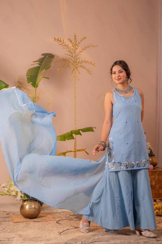 Blue Embroidered Cotton Kurta Sharara Set