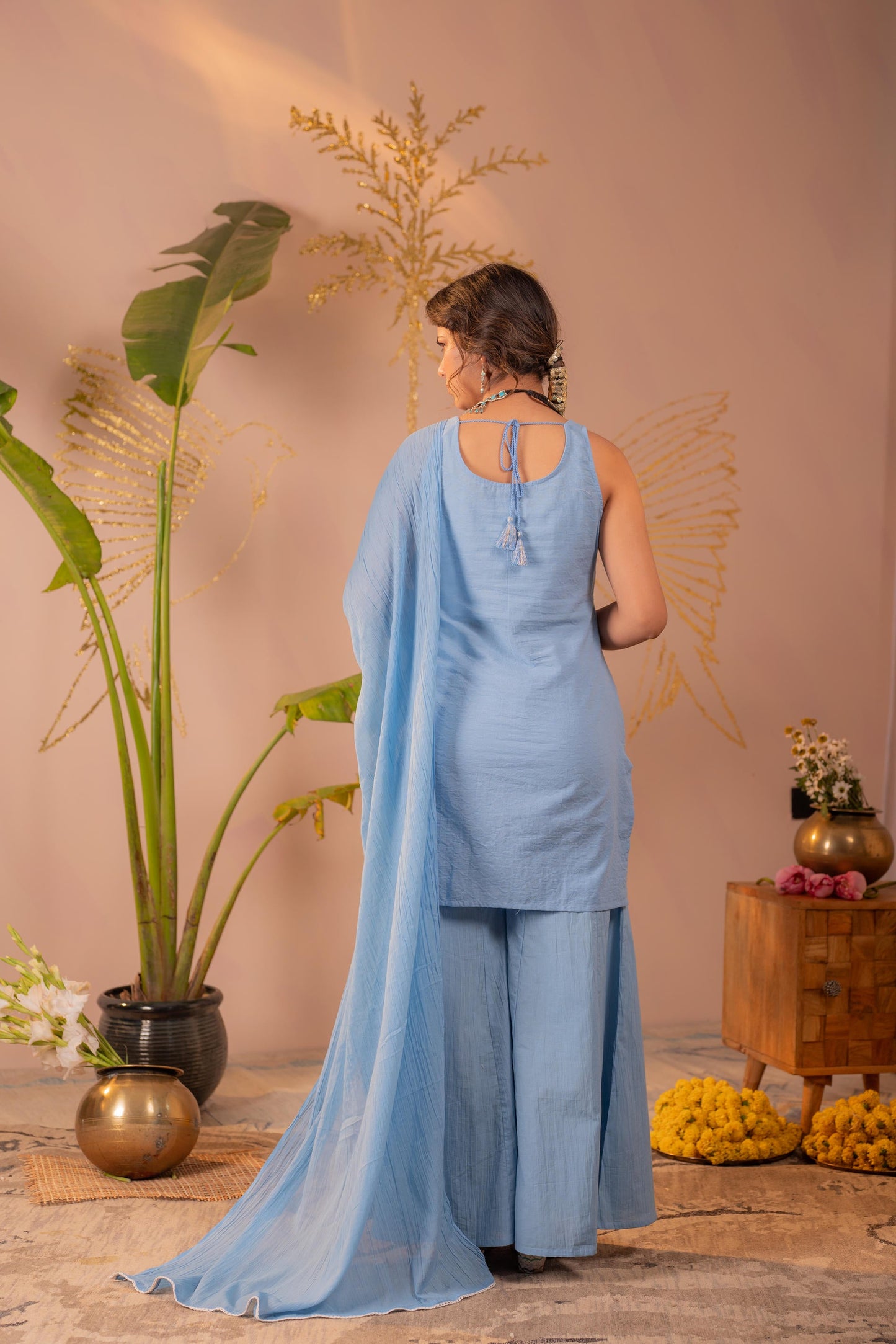 Blue Embroidered Cotton Kurta Sharara Set