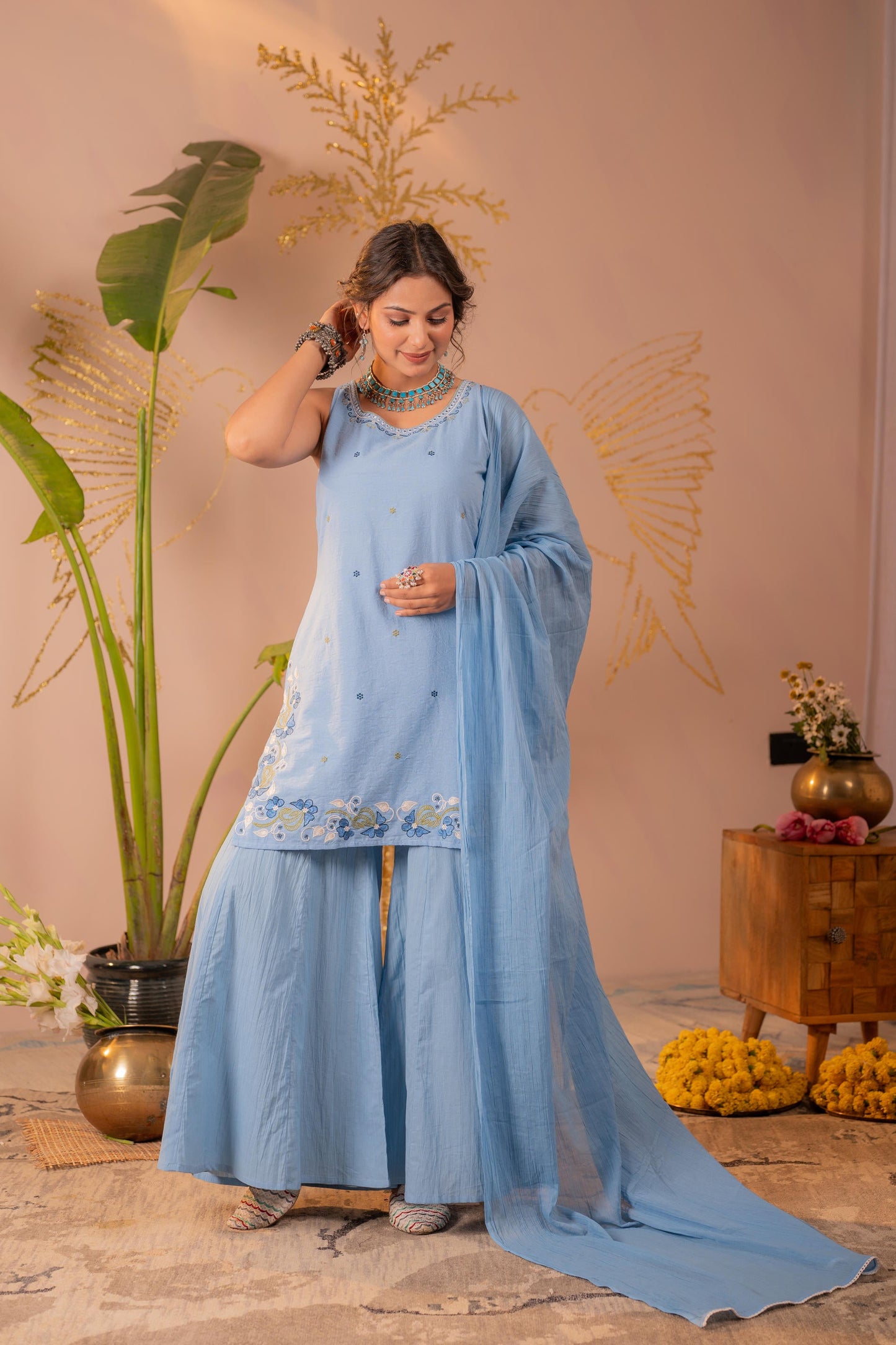 Blue Embroidered Cotton Kurta Sharara Set