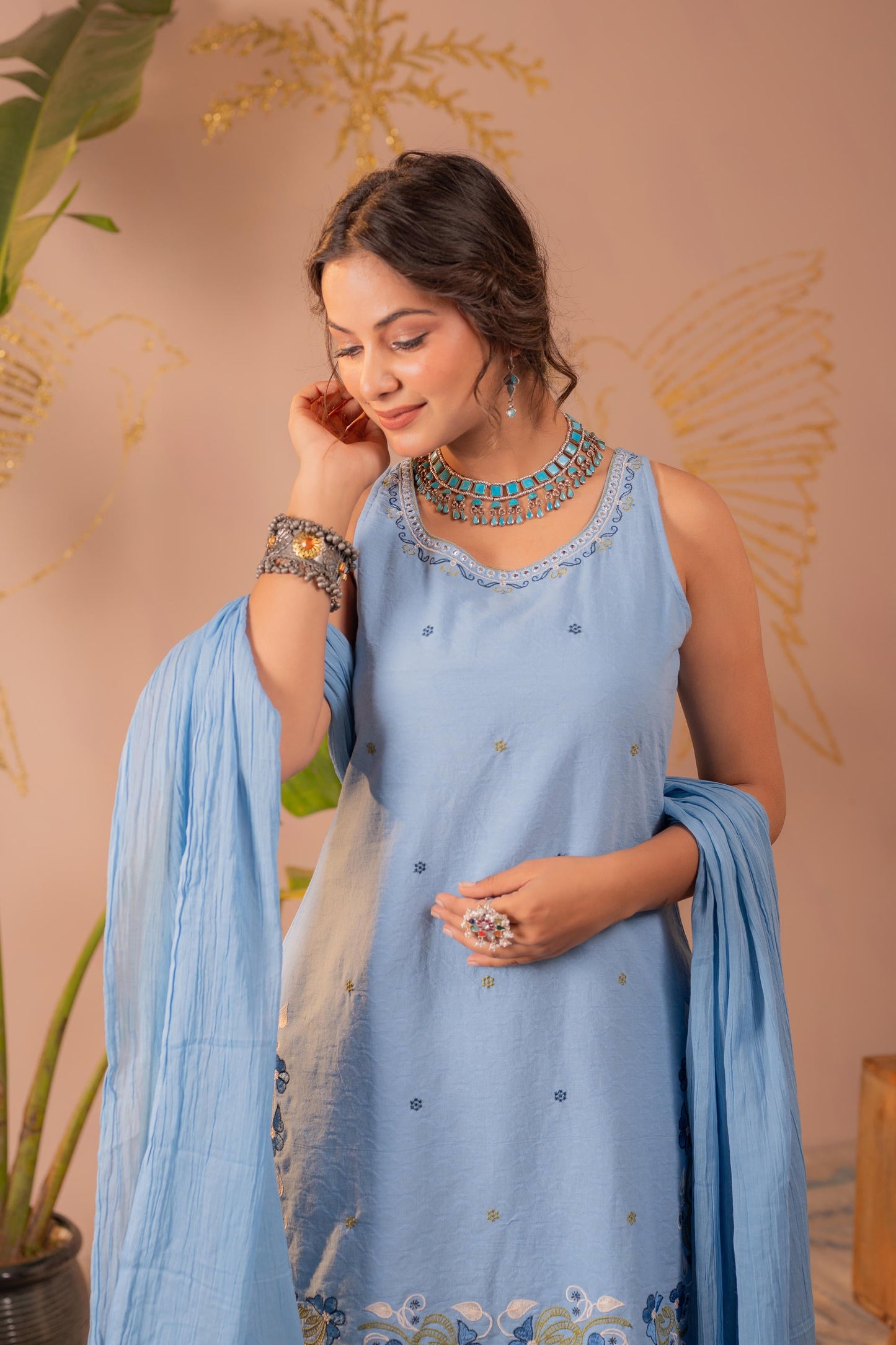 Blue Embroidered Cotton Kurta Sharara Set