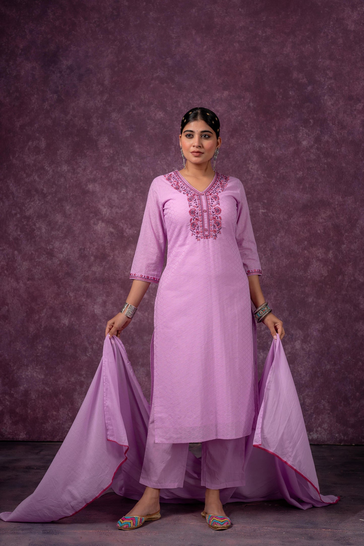 Lavender Embroidered Cotton Kurta Pant Set