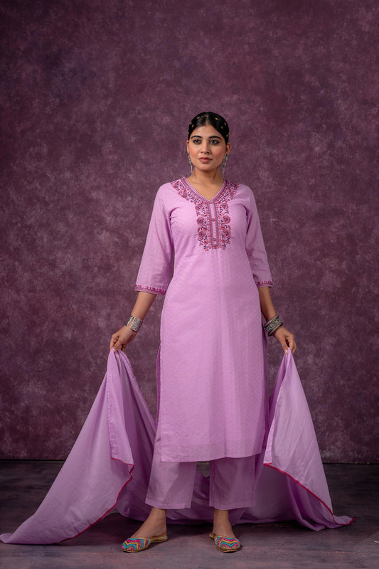 Lavender Embroidered Cotton Kurta Pant Set