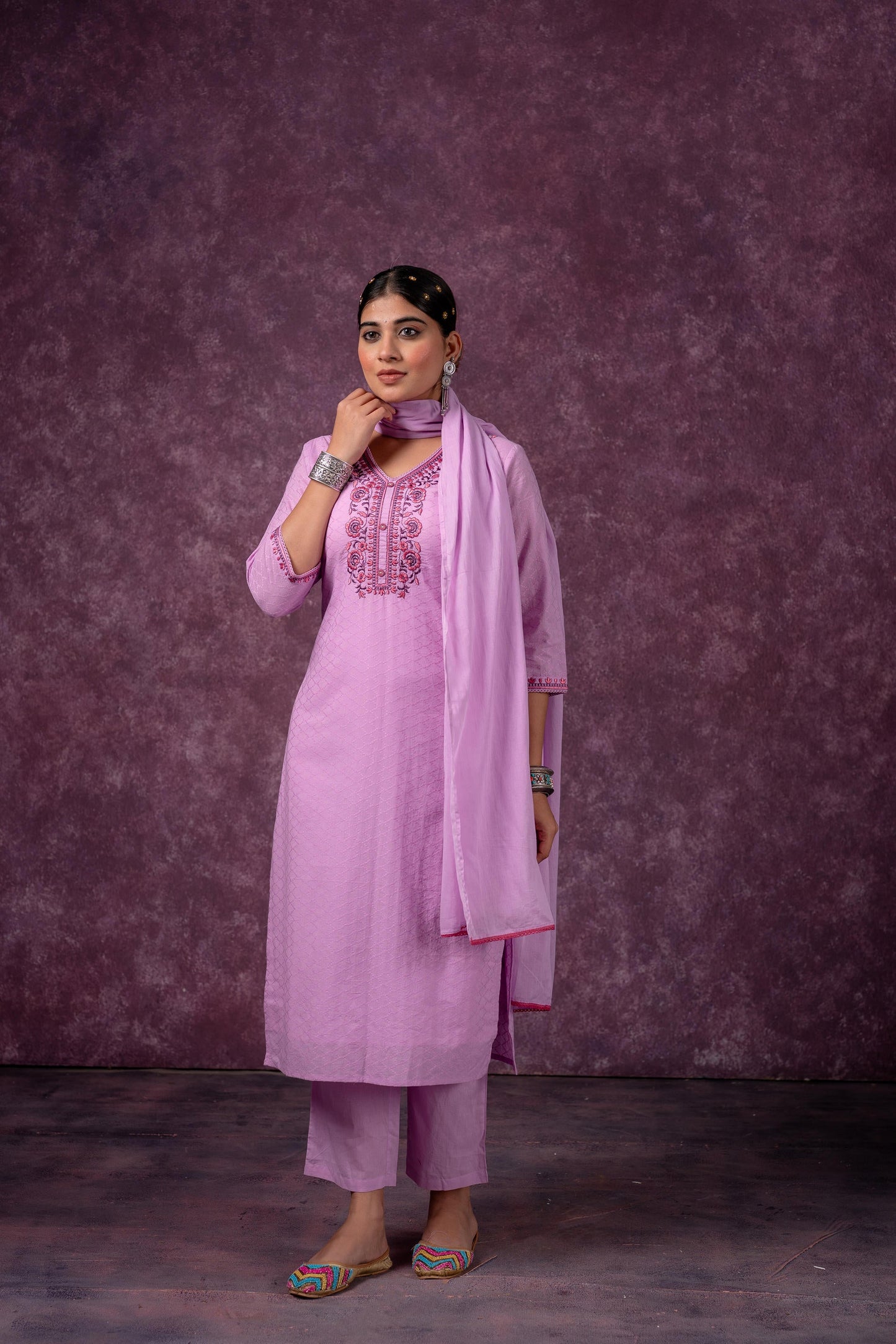 Lavender Embroidered Cotton Kurta Pant Set