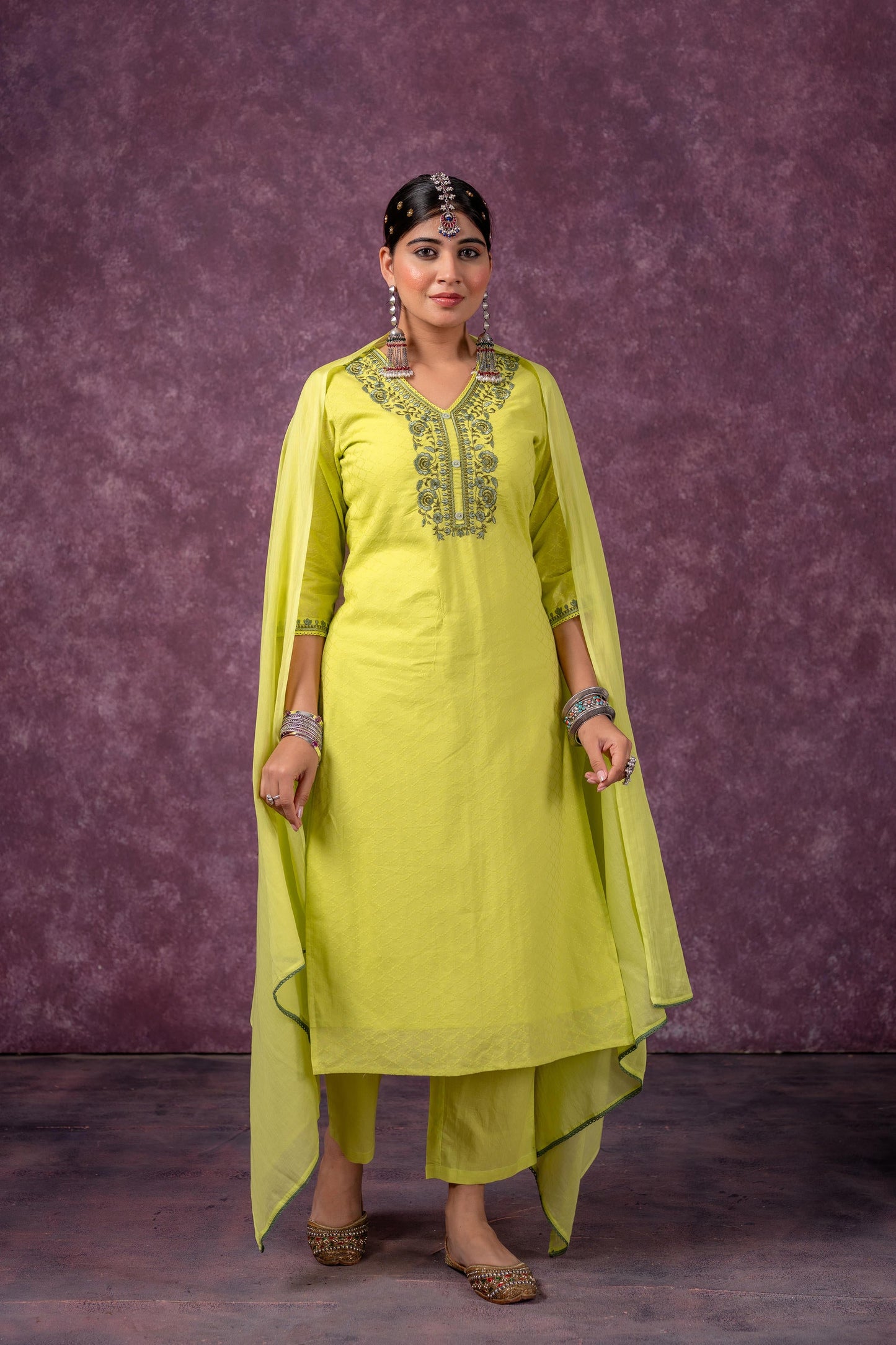 Lime Embroidered Cotton Kurta Pant Set