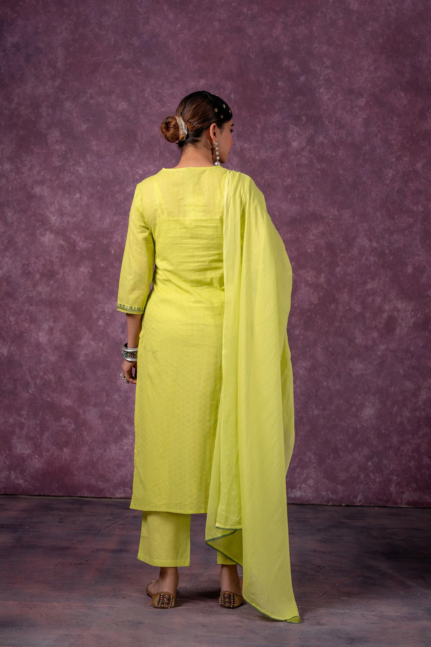 Lime Embroidered Cotton Kurta Pant Set