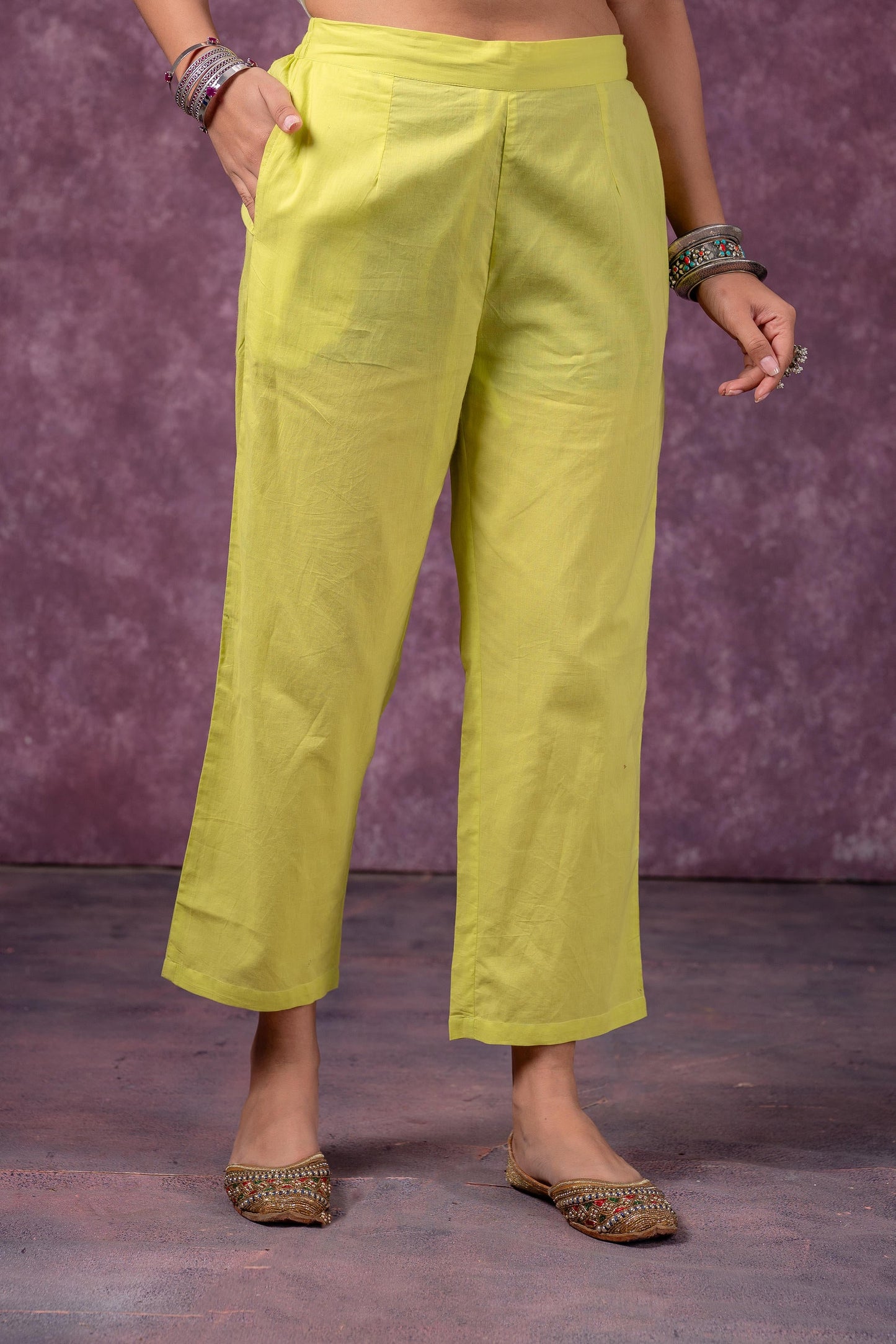Lime Embroidered Cotton Kurta Pant Set