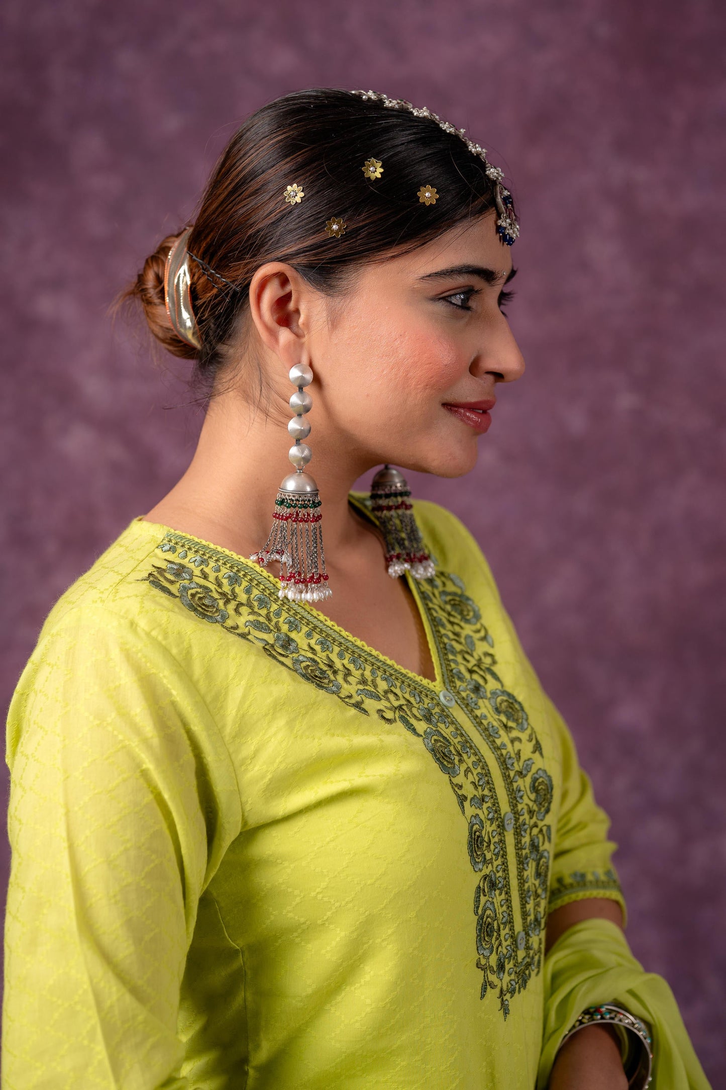 Lime Embroidered Cotton Kurta Pant Set