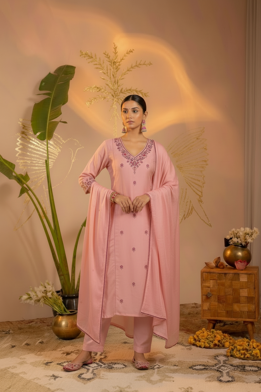Pink Embroidered Cotton Kurta Pant Set