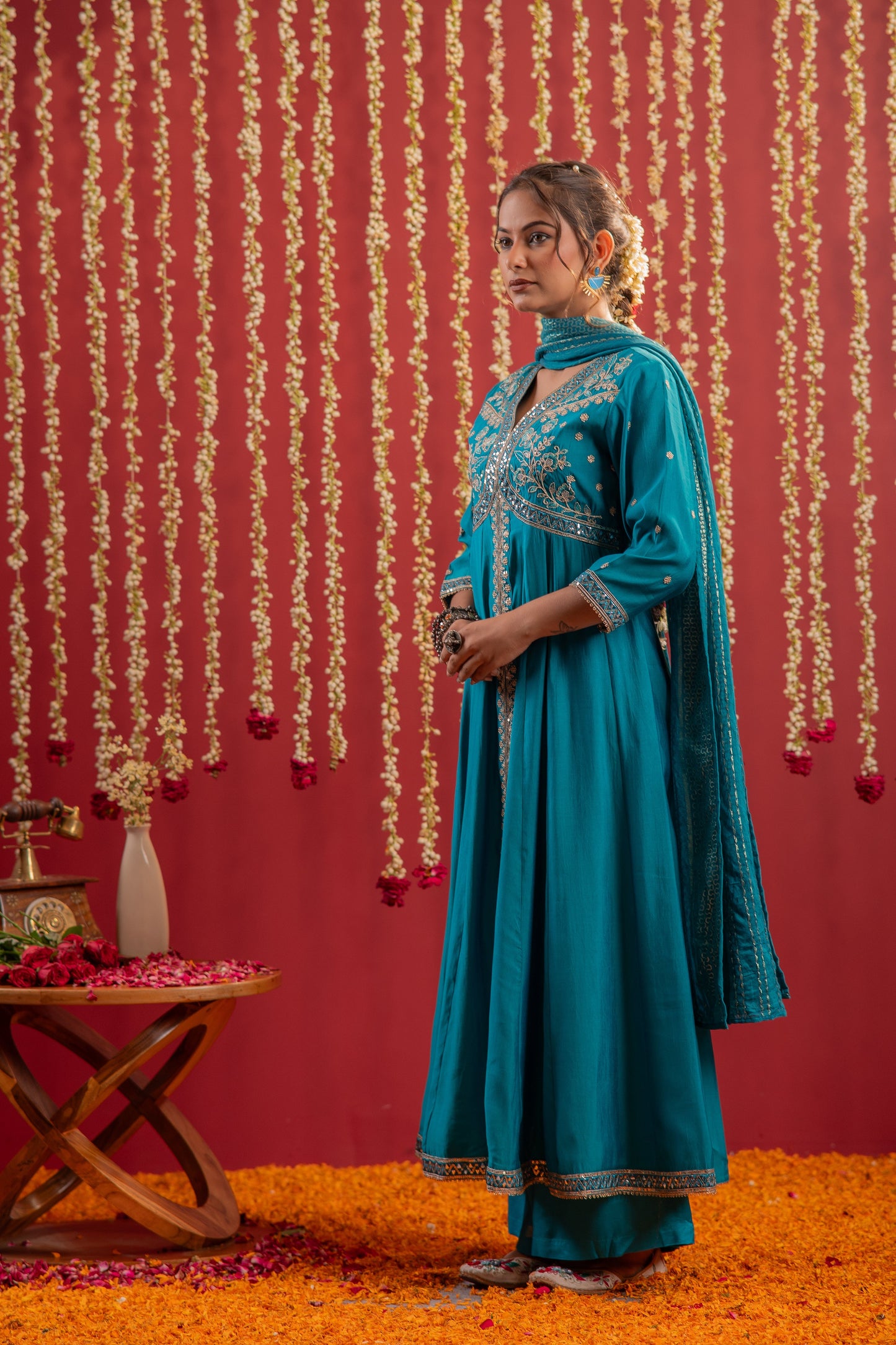 Rama Green Viscose Solid Fit & Flared Kurta With Pants & Dupatta Set With Mirror, Thread, Dori & Sequence Work