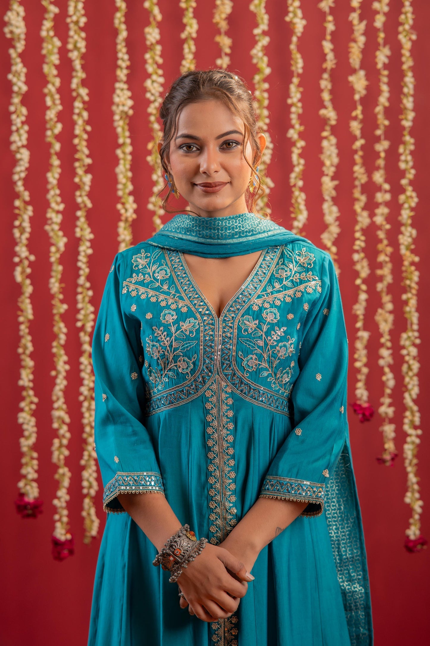 Rama Green Viscose Solid Fit & Flared Kurta With Pants & Dupatta Set With Mirror, Thread, Dori & Sequence Work