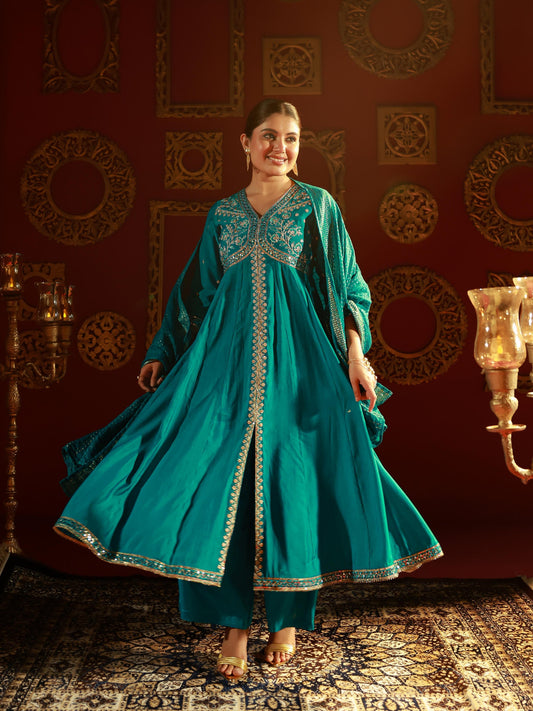 Rama Green Viscose Fit and Flared Kurta Pant with Dupatta Set