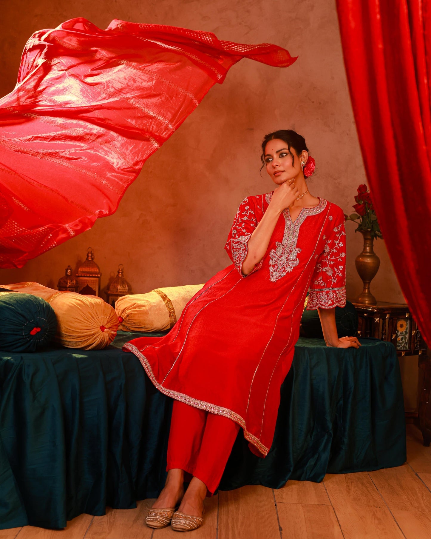 Magenta Manmade Fiber Flared Kurta Pant And Dupatta Set with Zari, Mirror, Thread & Sequin Work