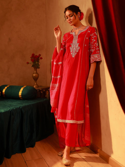 Magenta Manmade Fiber Flared Kurta Pant And Dupatta Set