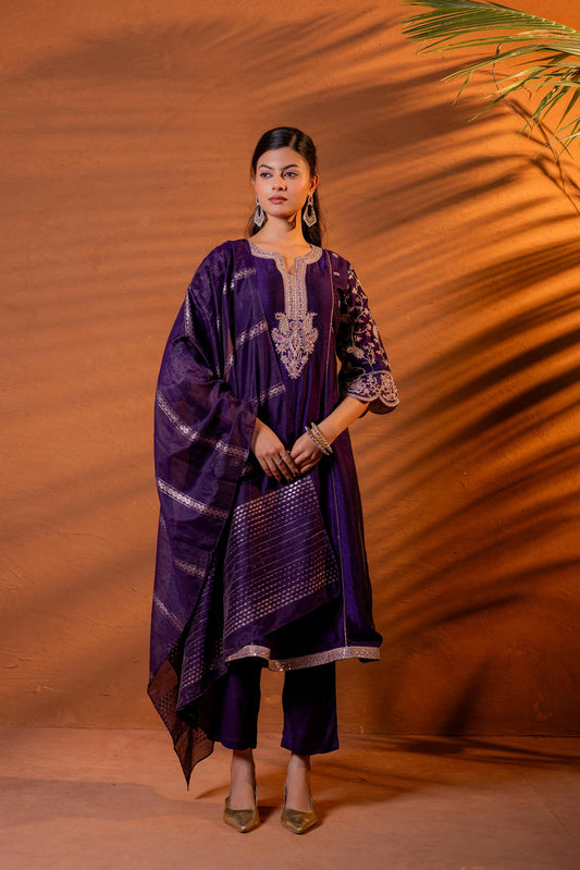 Purple Manmade Fiber Flared Kurta Pant And Dupatta Set
