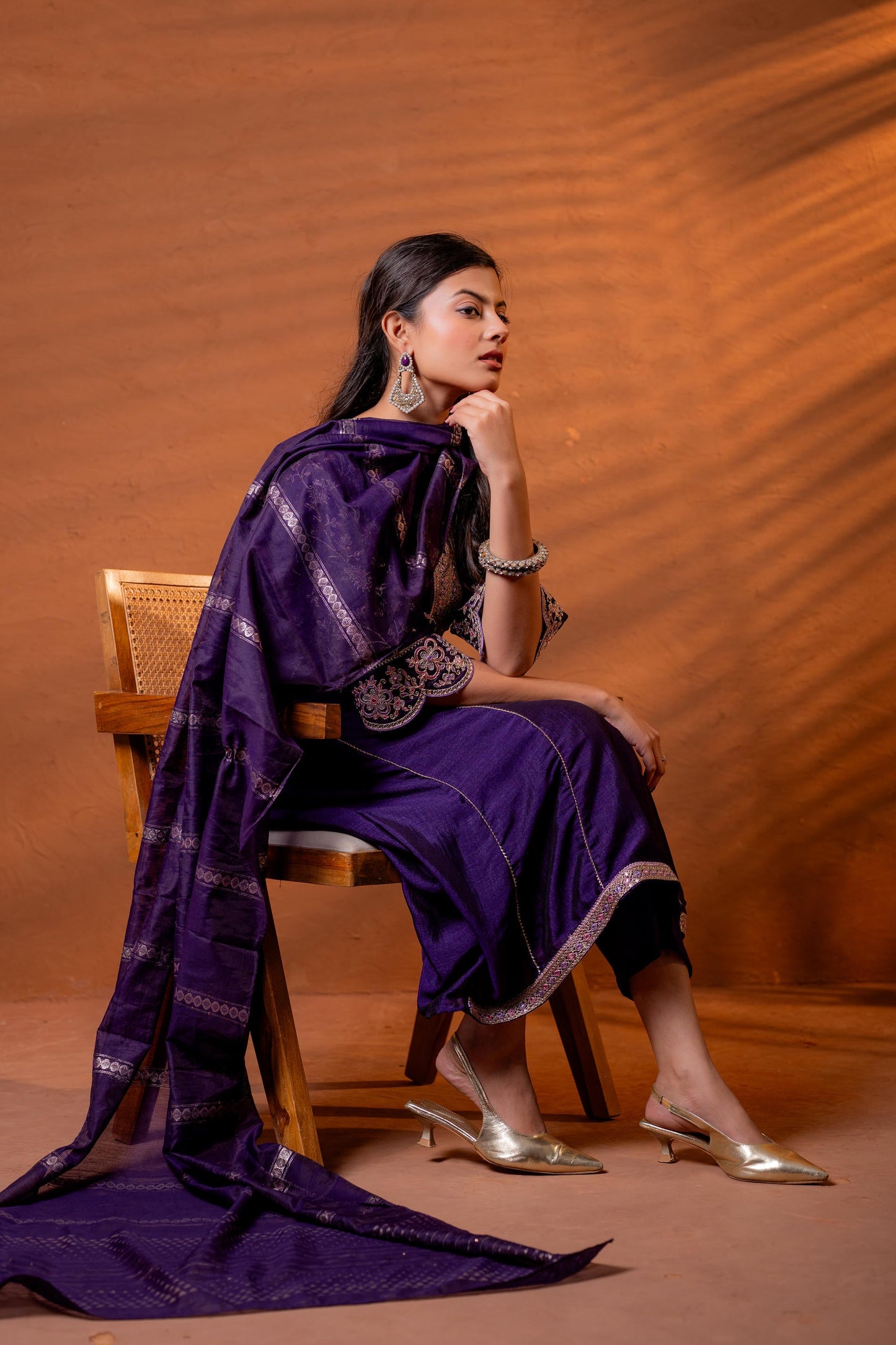 Purple Manmade Fiber Flared Kurta Pant And Dupatta Set with Zari, Mirror, Thread & Sequin Work