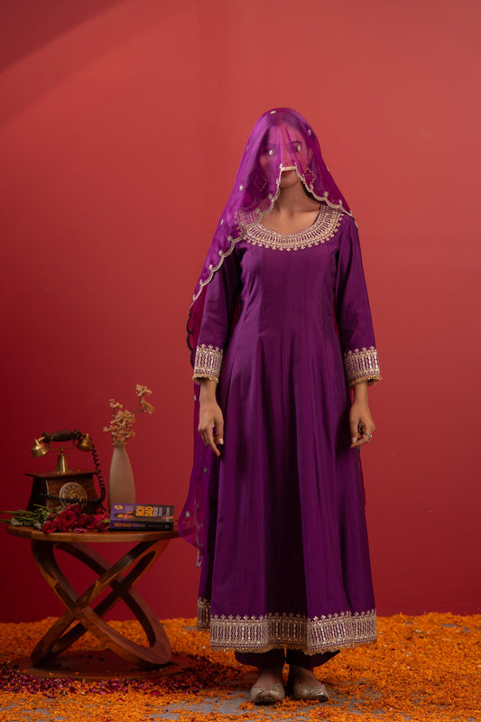 Purple Anarkali Suit Set With Embroidered Dupatta