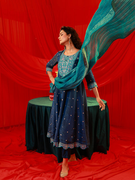 Navy Blue Nylon Flared Kurta Pant with Dupatta Set
