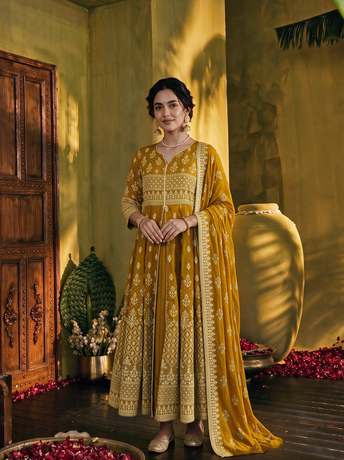 Juniper Women Mustard Longdress & Dupatta