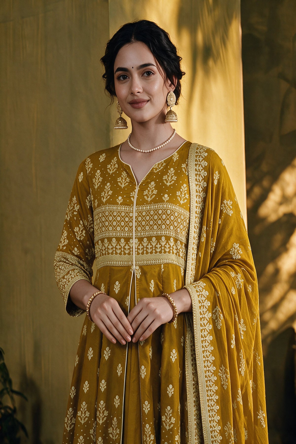 Juniper Women Mustard Longdress & Dupatta