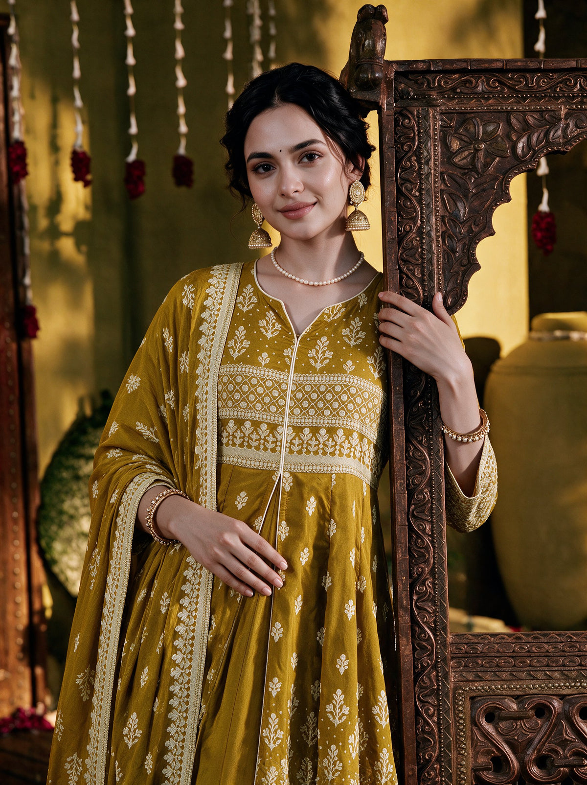 Juniper Women Mustard Longdress & Dupatta