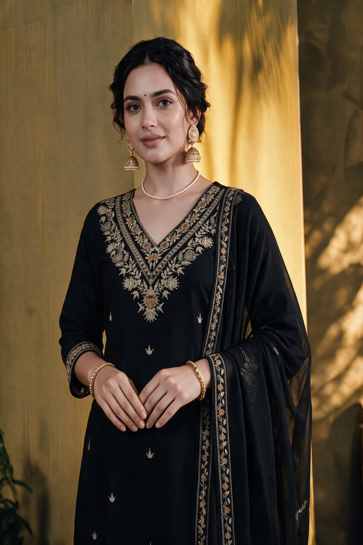 Juniper Women Black Kurta Pant Dupatta