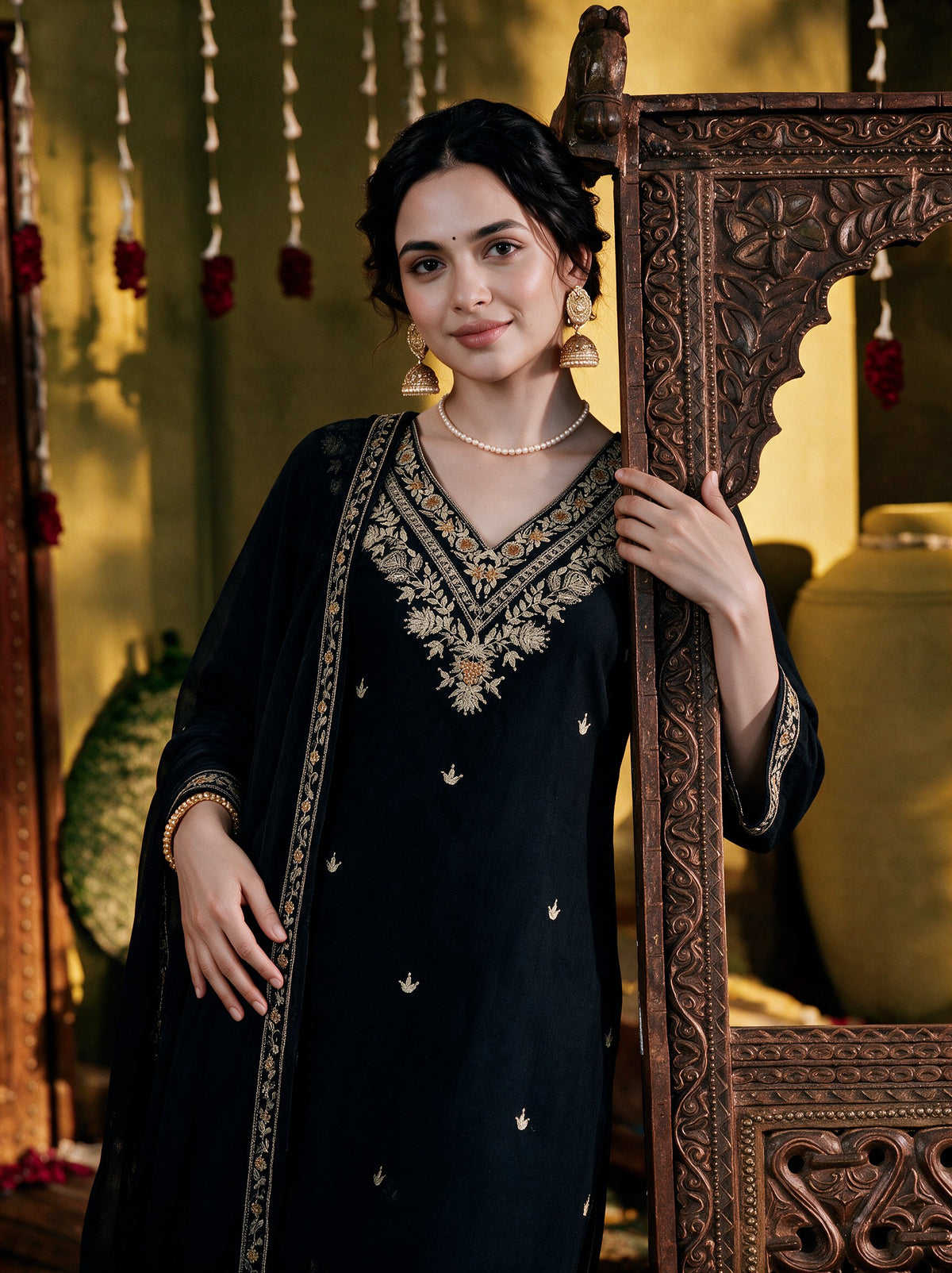 Juniper Women Black Kurta Pant Dupatta