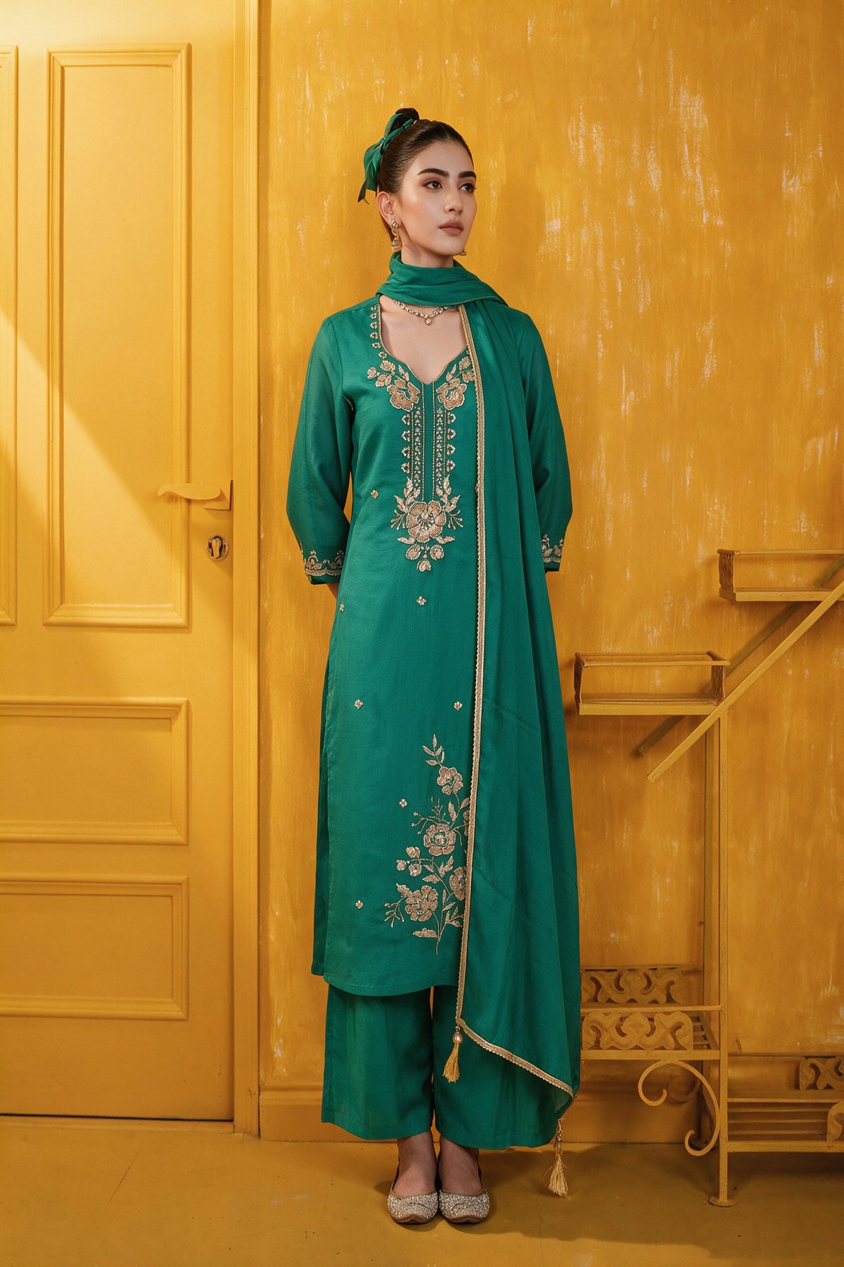 Juniper Women Green Kurta Pant & Dupatta