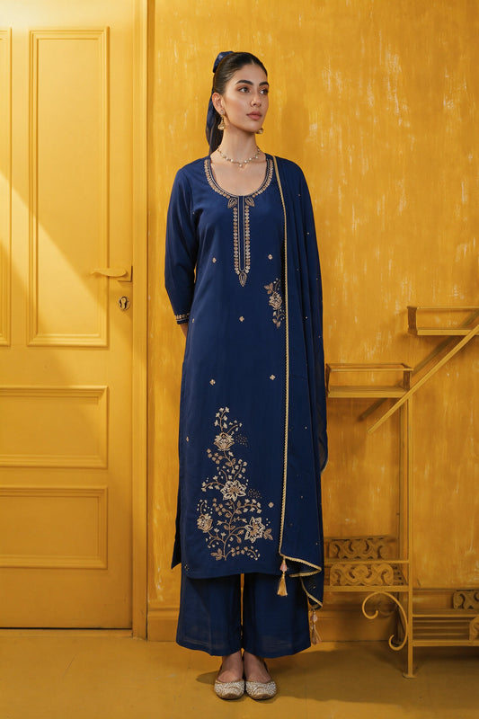 Juniper Women Navy Kurta Pant & Dupatta