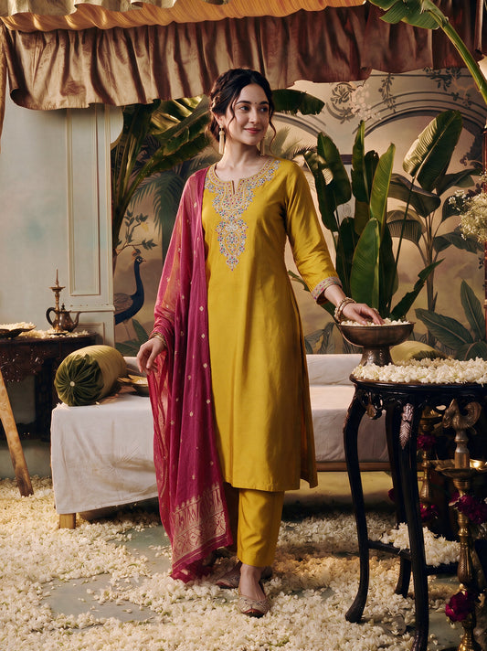 Juniper Women Mustard Kurta Pant Dupatta