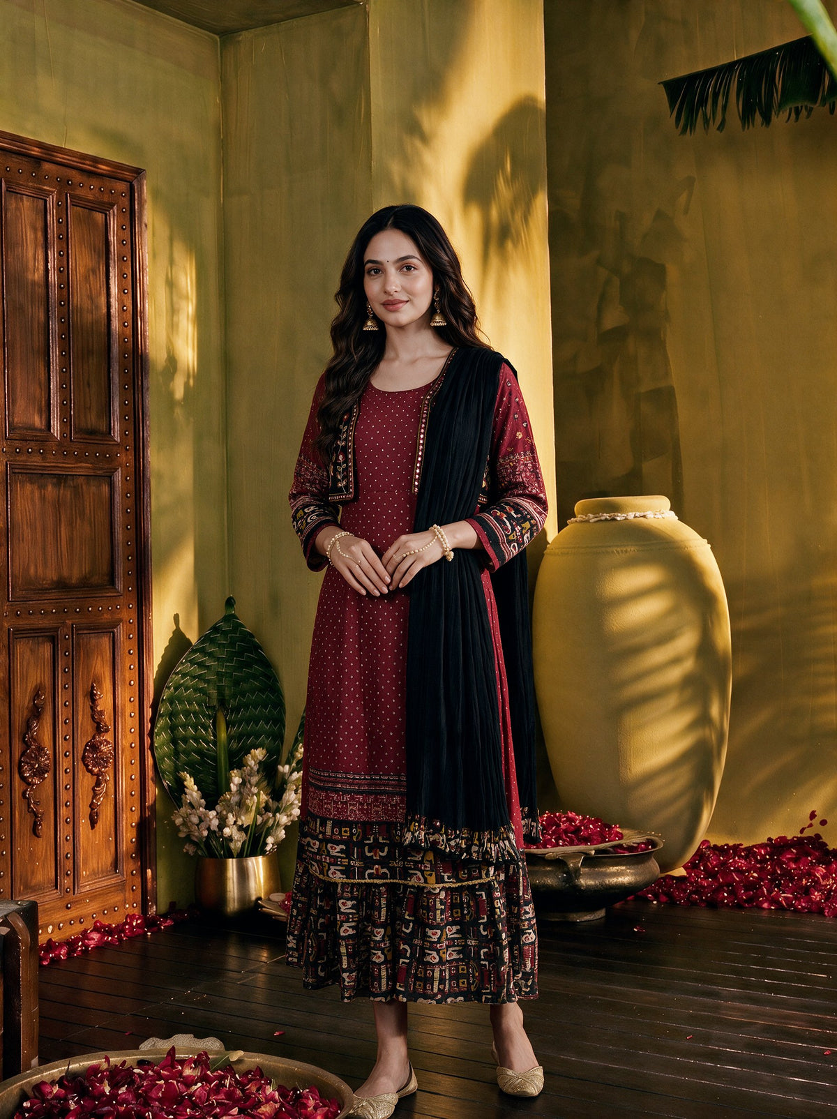 Juniper Women Maroon Longdress & Dupatta