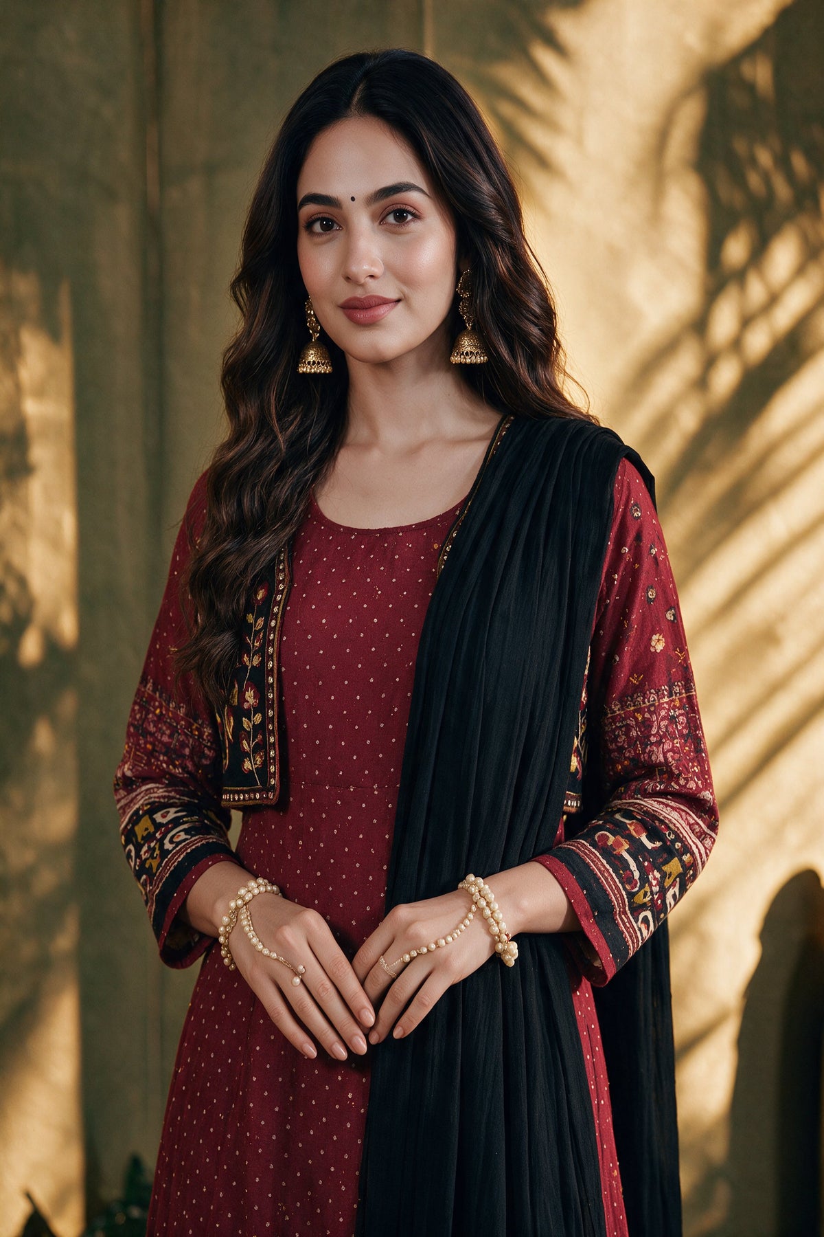 Juniper Women Maroon Longdress & Dupatta