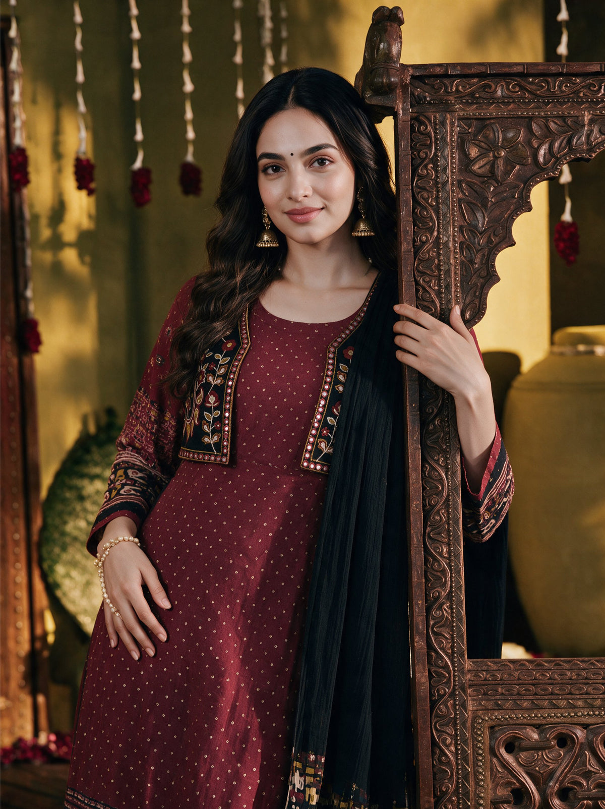 Juniper Women Maroon Longdress & Dupatta