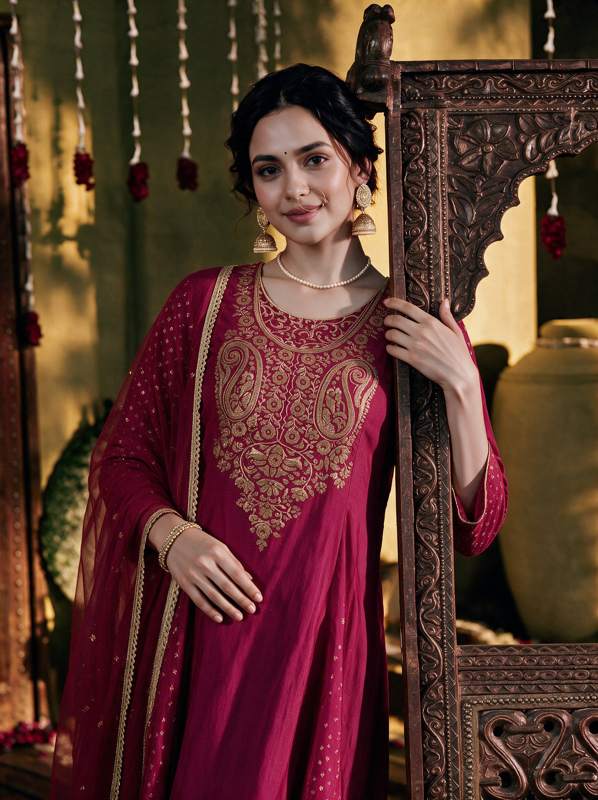 Juniper Women Fuchsia Kurta Pant & Dupatta