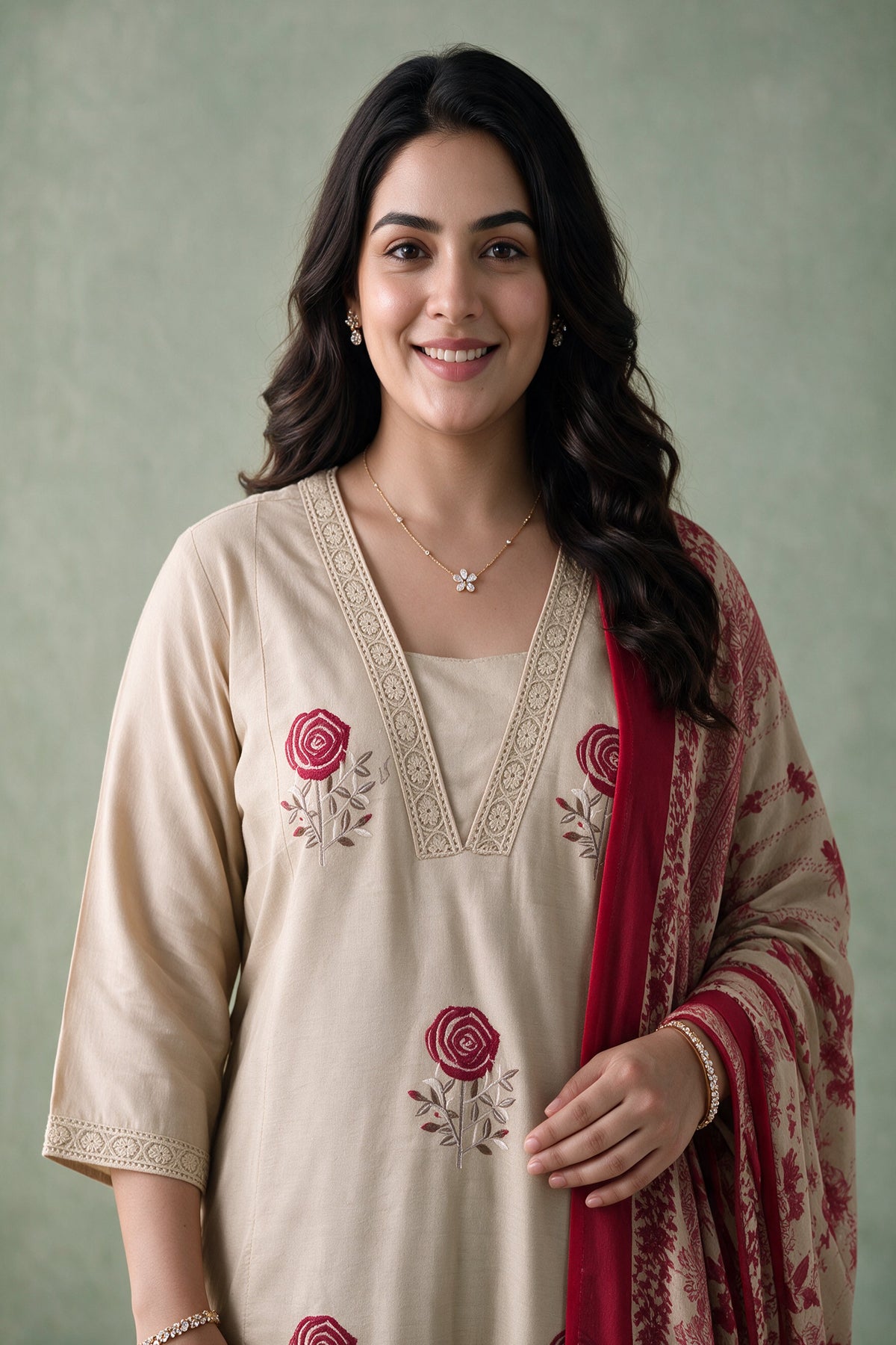 Juniper Women Beige Kurta Pant & Dupatta
