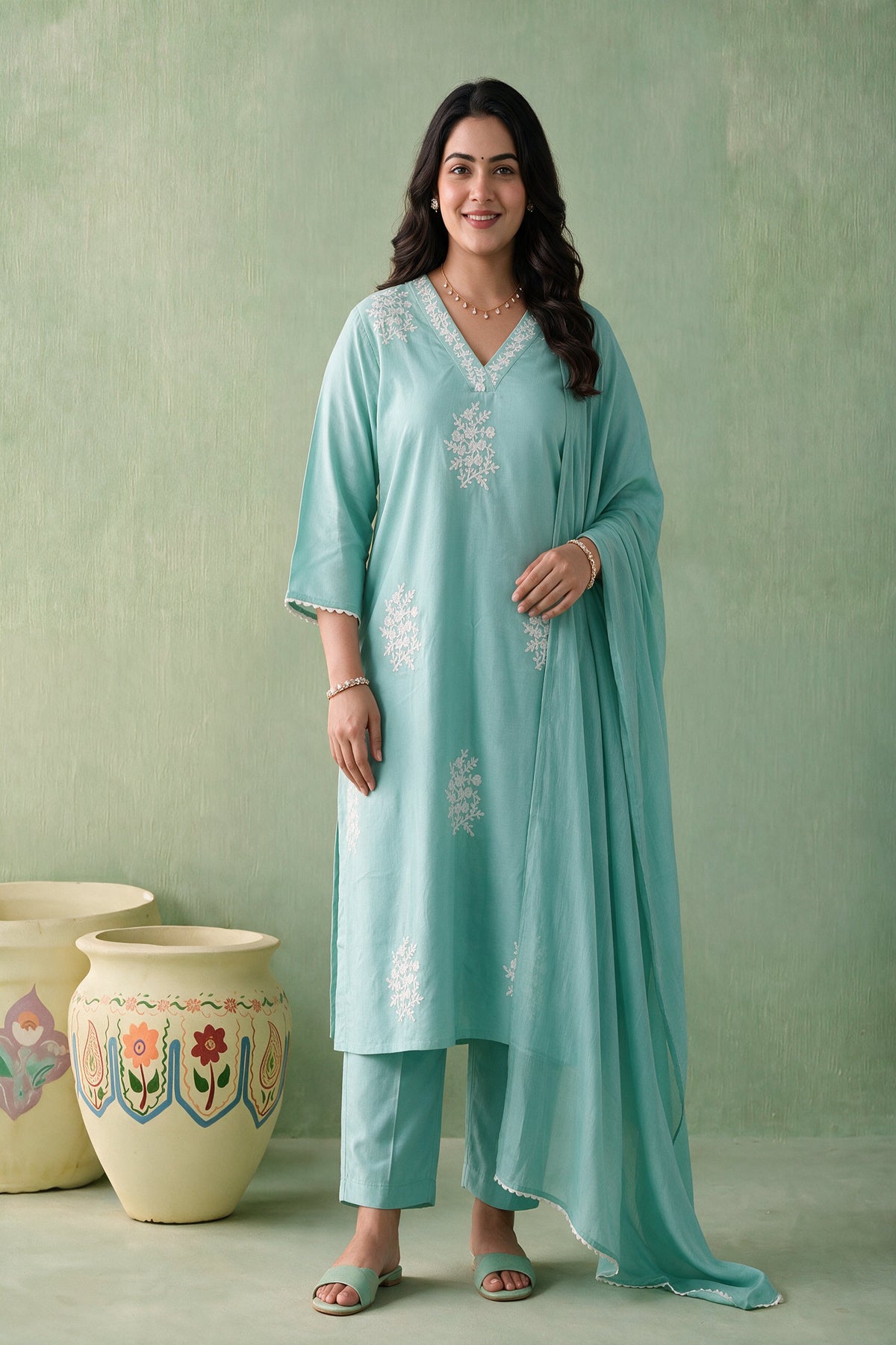 Juniper Women Aqua Kurta Pant & Dupatta