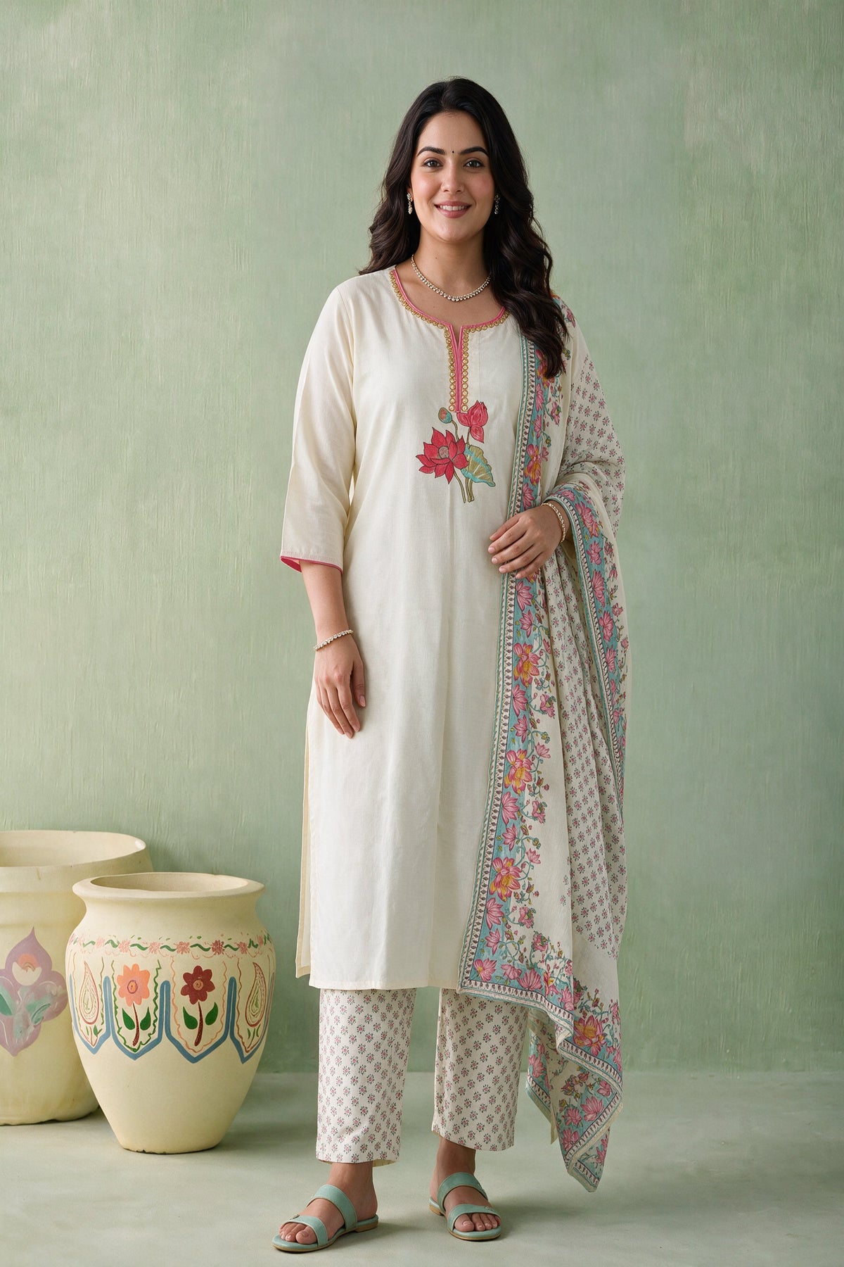 Juniper Women Offwhite Kurta Pant & Dupatta