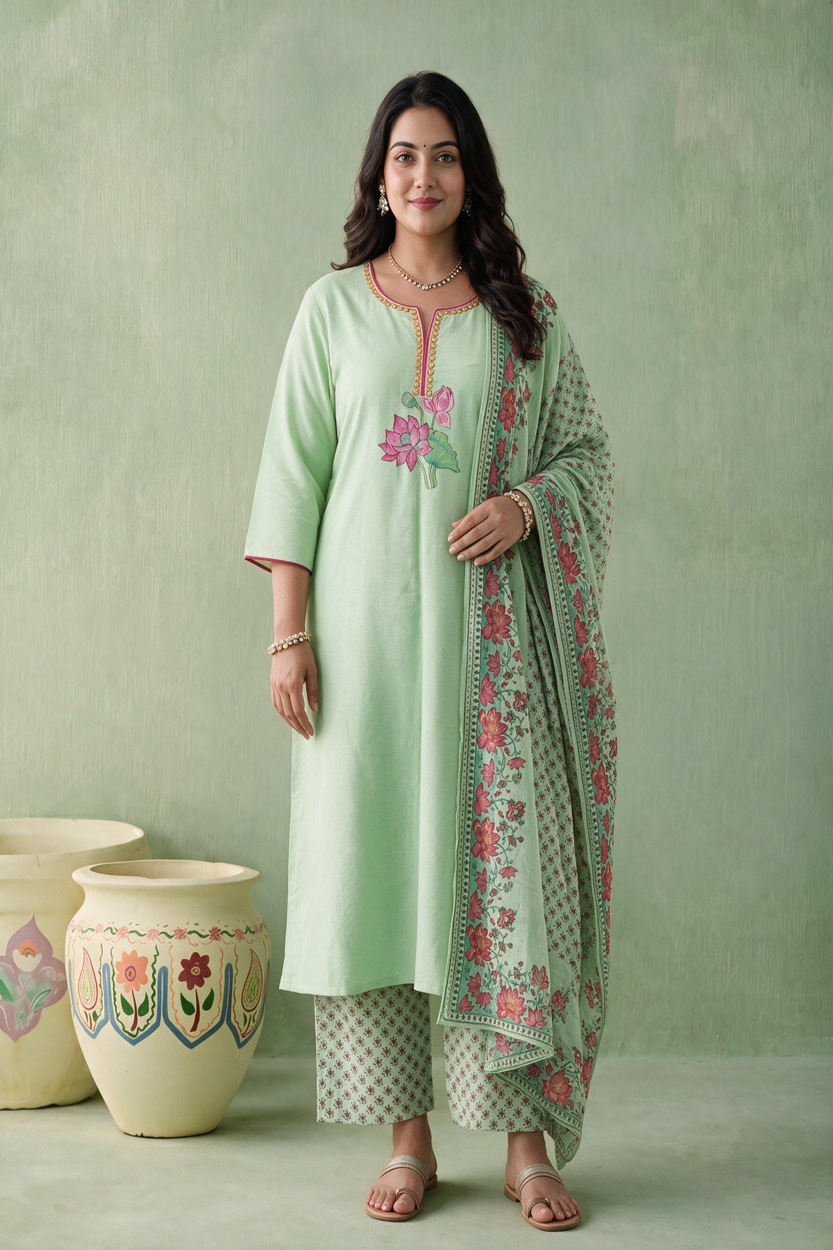 Juniper Women Pistagreen Kurta Pant & Dupatta