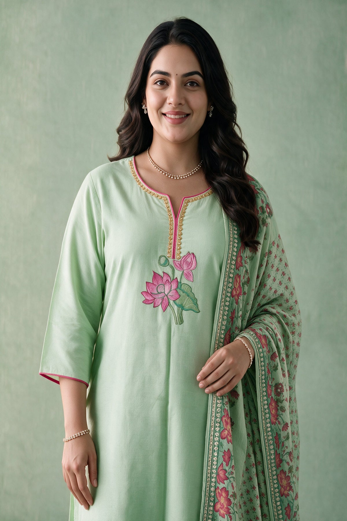 Juniper Women Pistagreen Kurta Pant & Dupatta