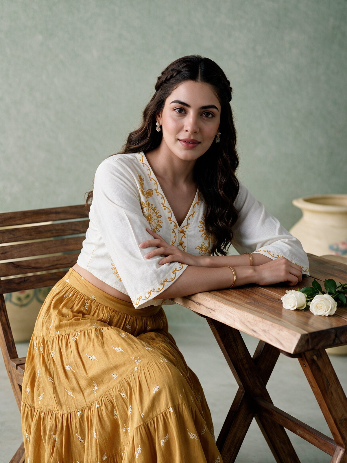 Juniper Women Offwhite & Mustard Top & Skirt