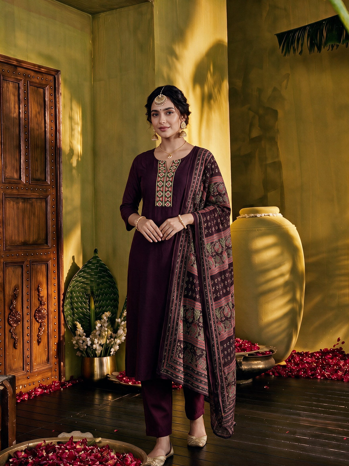 Juniper Women Brown Kurta Pant & Dupatta