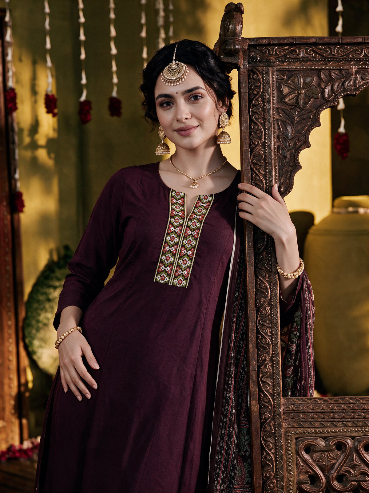 Juniper Women Brown Kurta Pant & Dupatta