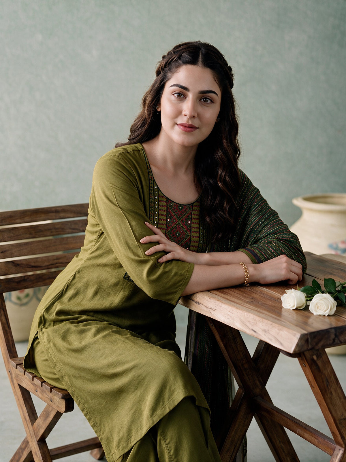 Juniper Women Olive Kurta Pant & Dupatta