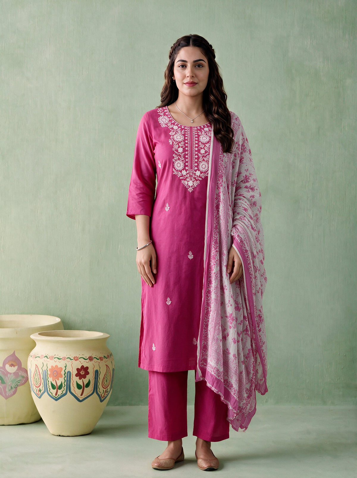 Juniper Women Fuchsia Kurta Pant & Dupatta