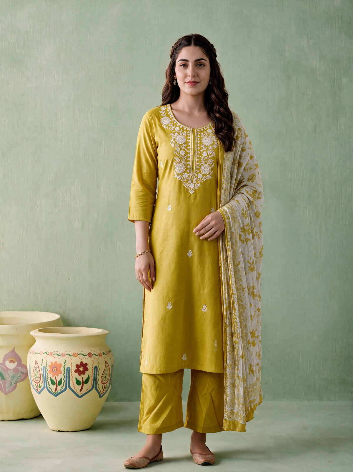 Juniper Women Gold Kurta Pant & Dupatta