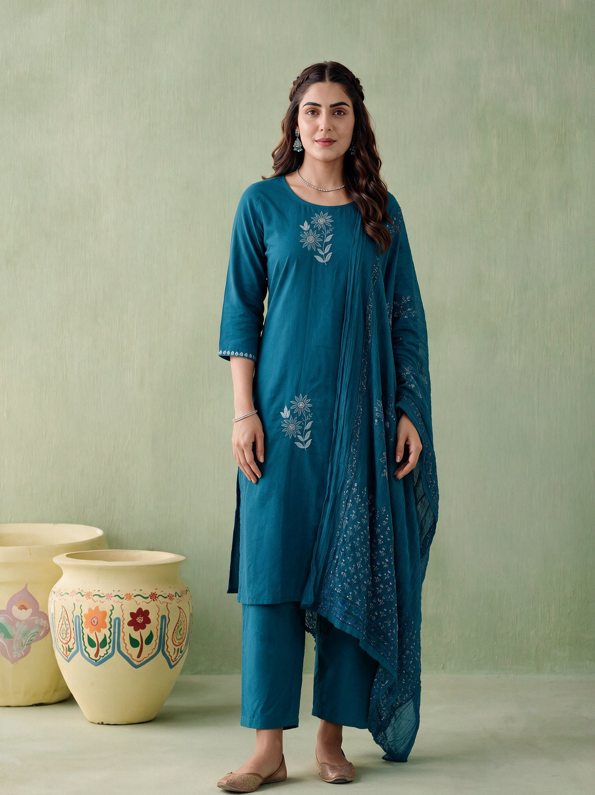 Juniper Women Turquoise Kurta Pant & Dupatta