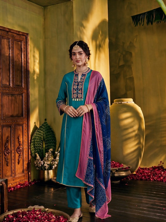 Juniper Women Turquoise Kurta Pant & Dupatta