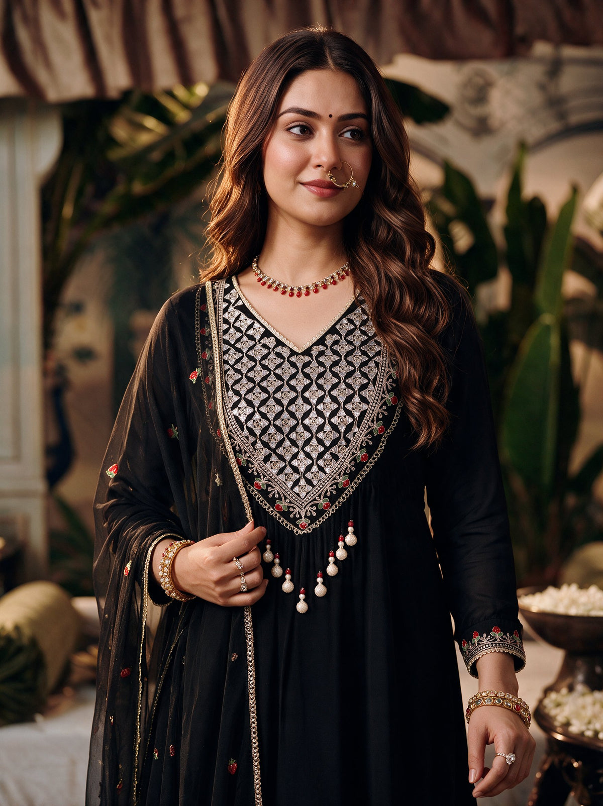 Juniper Women Black Longdress & Dupatta