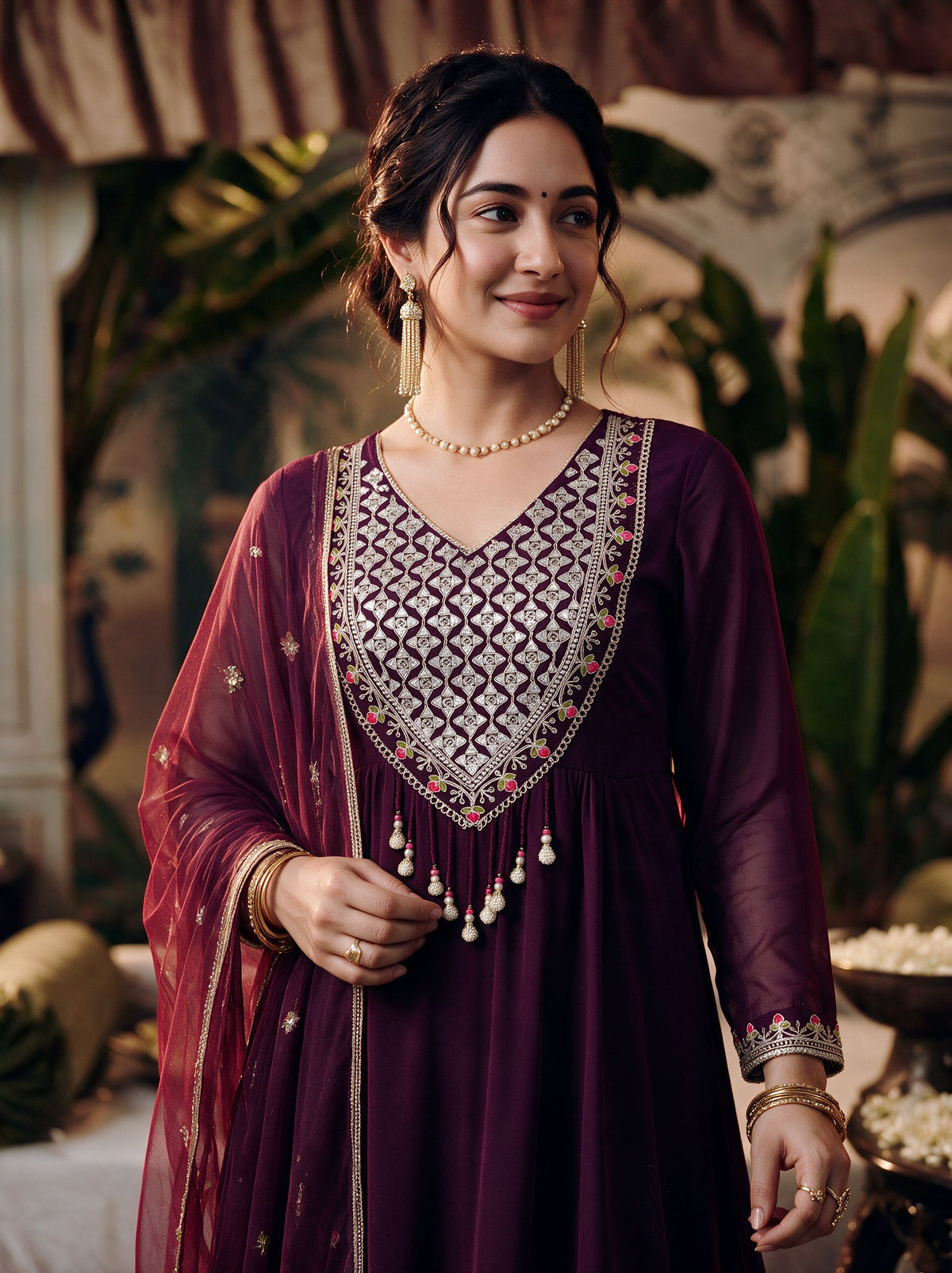 Juniper Women Plum Longdress & Dupatta