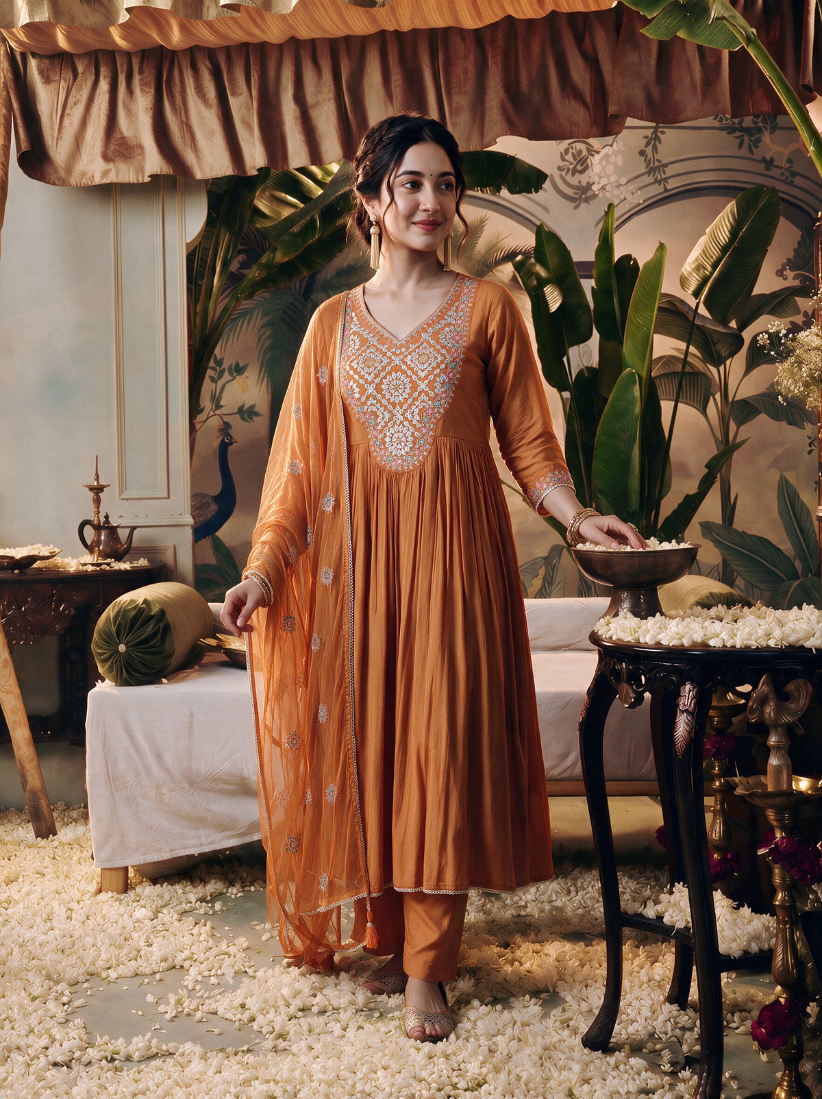 Juniper Women Orange Kurta Pant & Dupatta